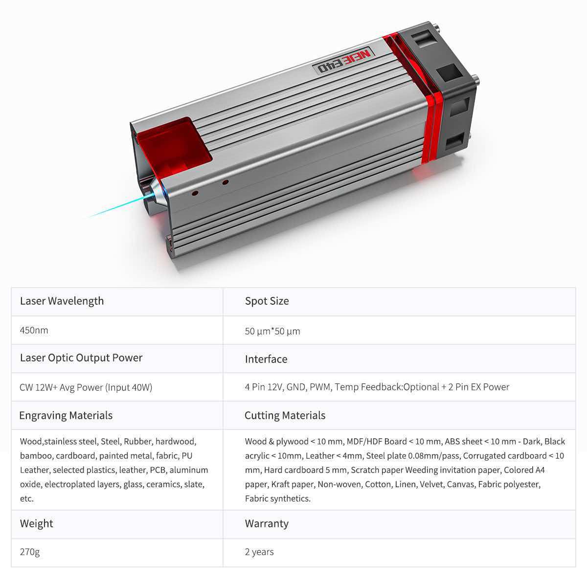 NEJE E40 12W 500DPI Diode Laser Module with Multi-Lens Technology for Stainless Steel Engraving & Precision Cutting