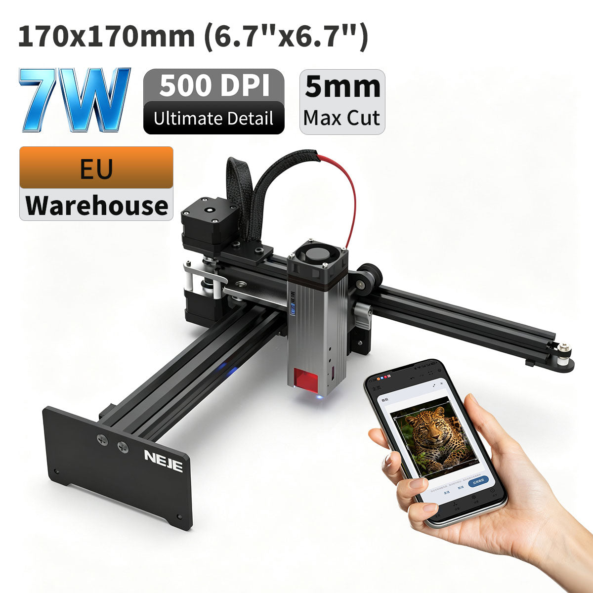 NEJE 5 7W Compression Spot Diode Laser Engraver & Cutter, 170x170mm (6.7"x6.7") Desktop Laser Engraving Machine for Logos, Icons, Anodized Aluminum & Stainless Steel