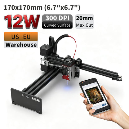 NEJE 5 12W Variable Focus Laser Engraver & Cutter, 170x170mm (6.7"x6.7") Desktop Diode Laser Engraving & Cutting Machine for Wood, Leather, Curved Surface Engraving