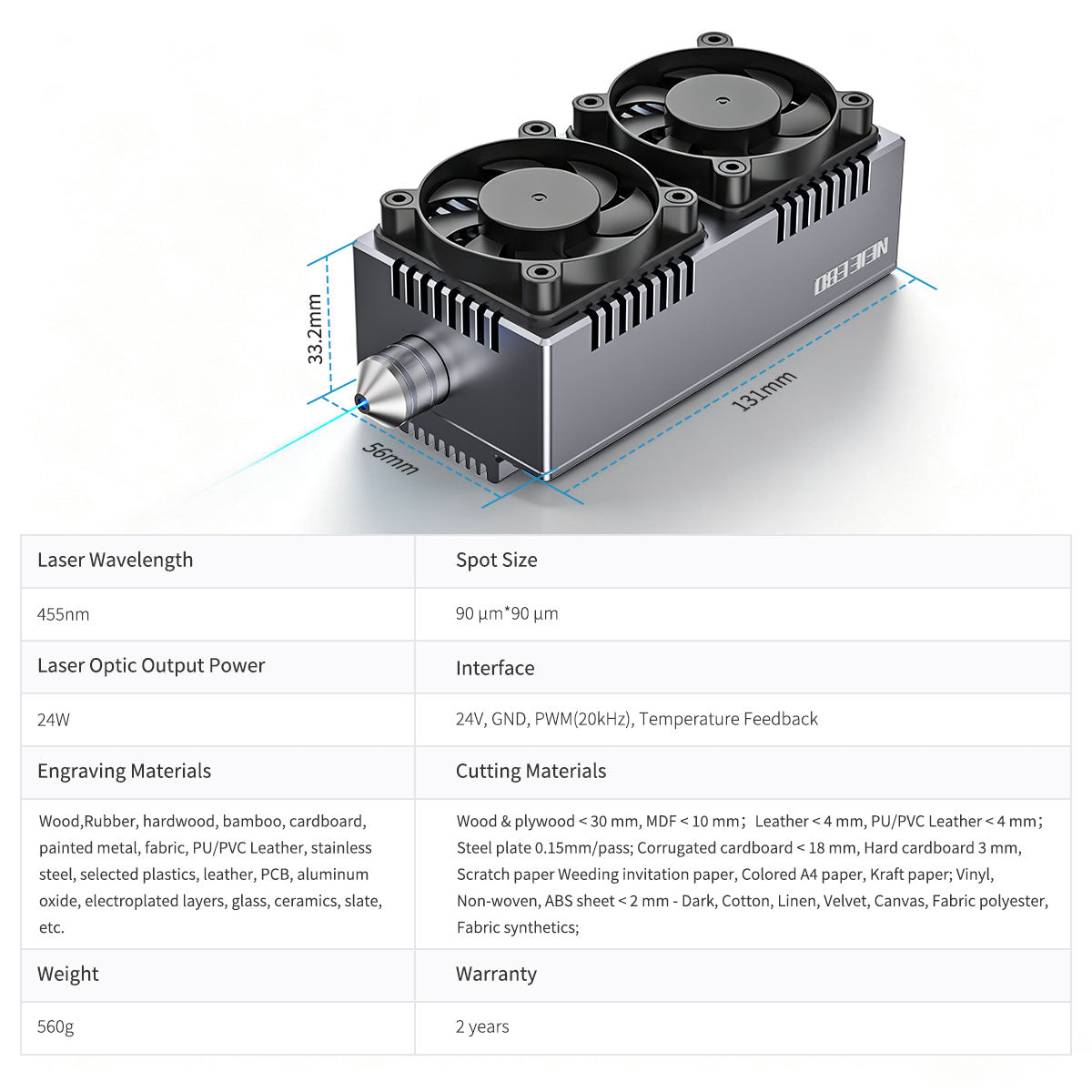 NEJE E80 24W Diode Laser Module with 4-FAC Optics – Uniquely Capable of Metal Deep Engraving & Hard Material Cutting
