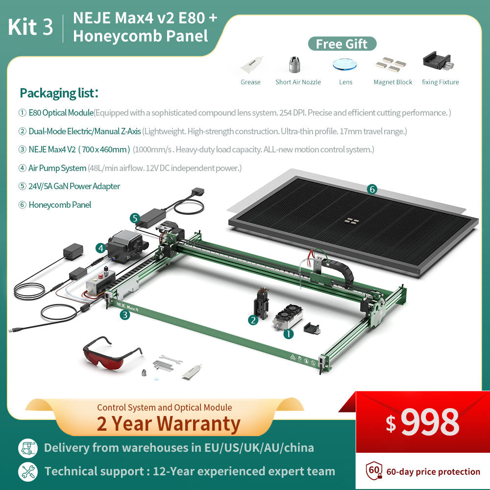 NEJE Max 4 V2: Metal/wood engraving, 1200mm/s, Z with cutter/pen