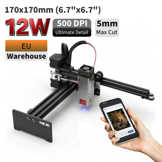 NEJE 5 12W Beam Compression Diode Laser Engraver & Cutter, 170x170mm (6.7"x6.7") Desktop Laser Engraving & Cutting Machine for Wood, Leather, High-Resolution Detailing